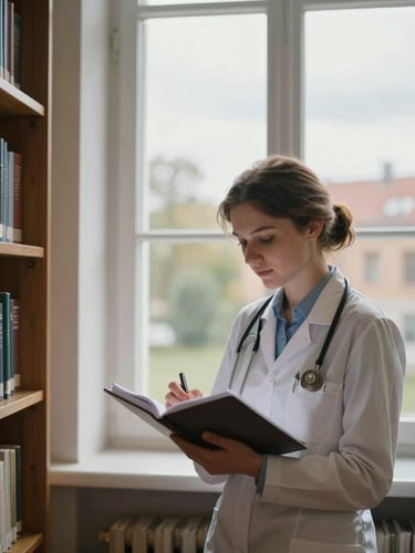 Candid medium shot of an RSU medical student studying with a notebook next to a window in the Riga National Library, soft natural daylight, overcast Baltic sky outside