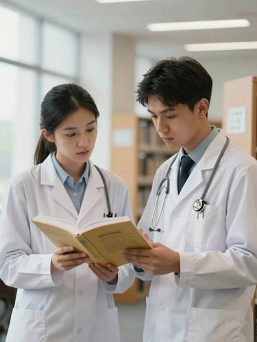Candid medium-shot of two medical students in white coats discussing a textbook in a modern university library, soft Baltic daylight from high windows, natural academic setting.