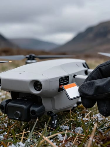 A close-up, high-contrast shot of a quadcopter drone resting on frozen grass in the Scottish Highlands under an overcast sky, with a gloved hand inserting an orange-accented microSD card into its side slot.