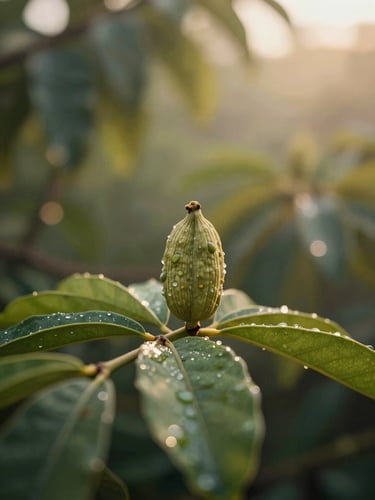 Close-up portrait shot of morning light filtering through dense spice-garden foliage in Kerala, a single cardamom pod in sharp focus at the centre, soft golden bokeh behind, dew visible on the leaf surface, contemplative and still