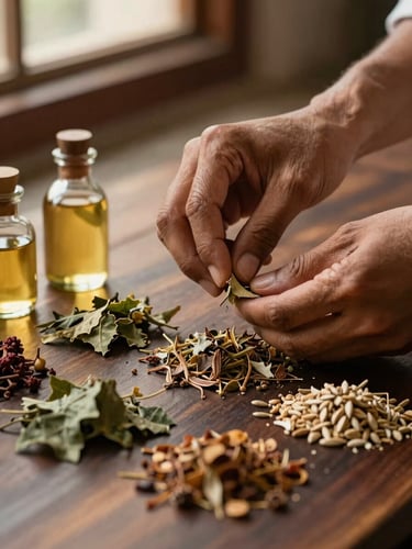 Extreme close-up of an Ayurvedic practitioner's hands arranging dried herbs and warm oil vessels on a dark wood surface, soft golden window light falling across the arrangement from the upper left, individual textures of leaf and seed visible, no face, no eye contact, still and specific