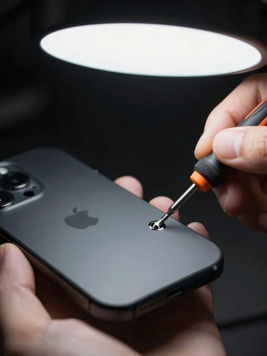Macro close-up of hands using a precision screwdriver under a magnifying lamp to assemble a matte-black iPhone chassis, technical dark mood, crisp studio strobe lighting, 100mm lens