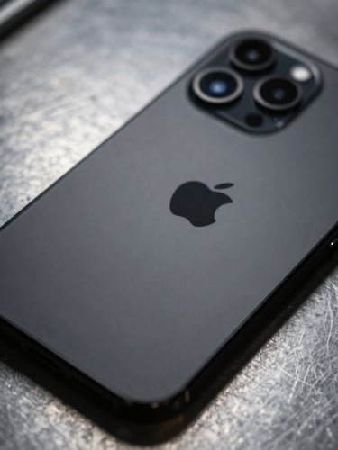 Top-down crisp macro shot of a pristine matte-black iPhone backplate on a dark steel workbench, sharp reflections, high-contrast lighting