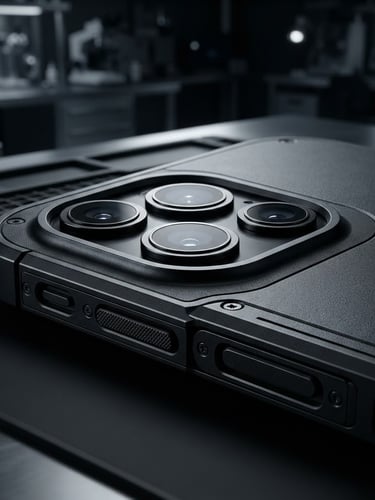 Extreme macro studio photograph of a customized matte-black iPhone chassis, sharp reflections on glass and metal, deep clean shadows, technical clean-room background