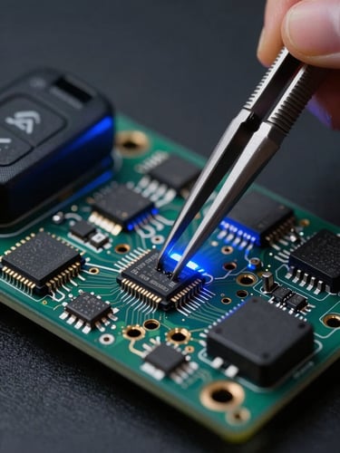 Extreme close-up of a technician transplanting a small 8-pin EEPROM chip from a broken car key board to a clean new circuit board, precision tweezers, blue backlighting