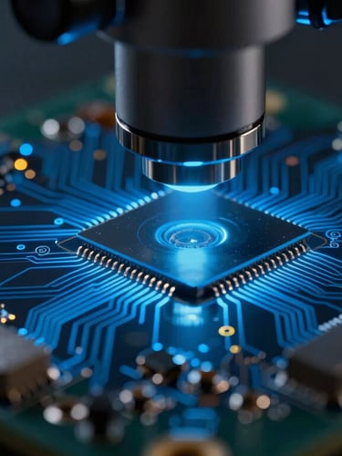 Ultra close-up of a printed circuit board under a digital microscope, glowing electric blue traces, dark metallic textures, professional laboratory environment