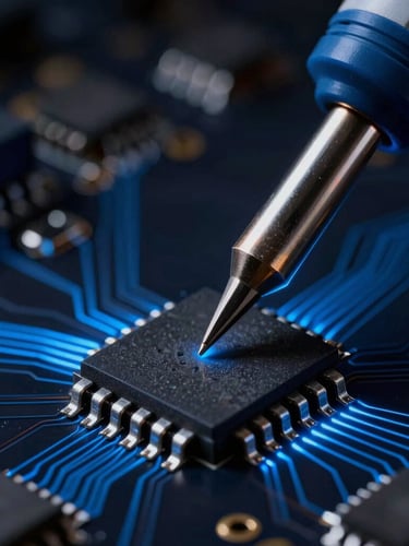 Extreme macro close-up of a soldering iron tip applying solder to a microchip on a dark circuit board, glowing electric blue traces, highly detailed metallic texture, low-key studio lighting, 50mm lens