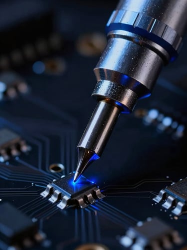 Macro photography of a soldering iron tip making contact with a micro-resistor on a dark circuit board, intense electric blue rim lighting, metallic textures, shallow depth of field, 50mm lens