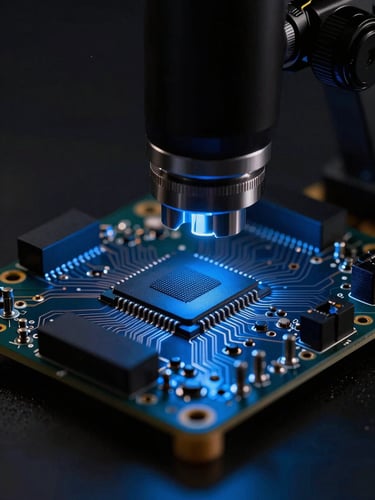 Extreme macro photography of a multi-layer circuit board with copper traces under a digital microscope, intense electric blue rim lighting, dark background, 50mm lens