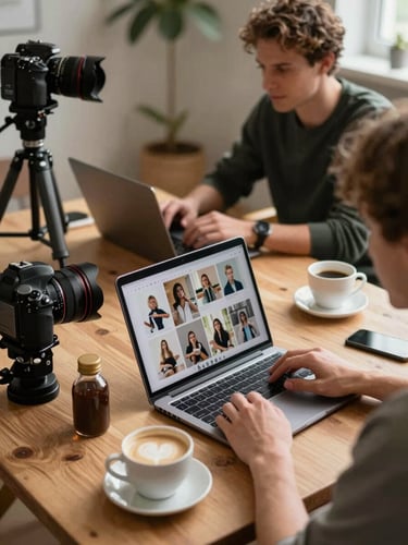 Achter de schermen bij Pomodoro: een camera op statief boven een houten tafel met verse ingrediënten, een teamlid bekijkt een moodboard op een laptop met een kop koffie.