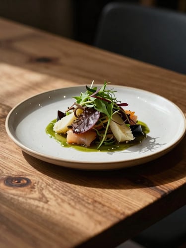 A close-up vertical shot of a rustic wooden table in a Scandinavian restaurant, a single ceramic plate with a seasonal dish, soft daylight casting gentle shadows