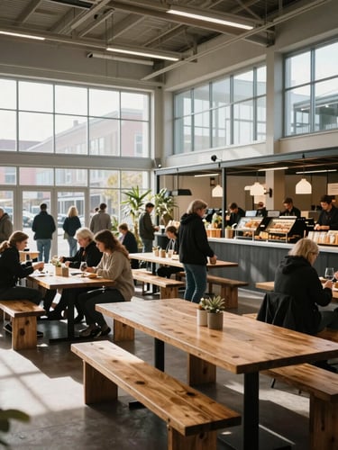 Wide environmental shot of a modern Scandinavian-style food market with high ceilings, natural light streaming through large windows, people gathering around wooden communal tables, soft diffused daylight.