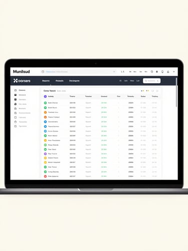 Full-screen view of a web application dashboard — data tables and navigation components sharp against a light background, photographed straight-on under even daylight, no device frame