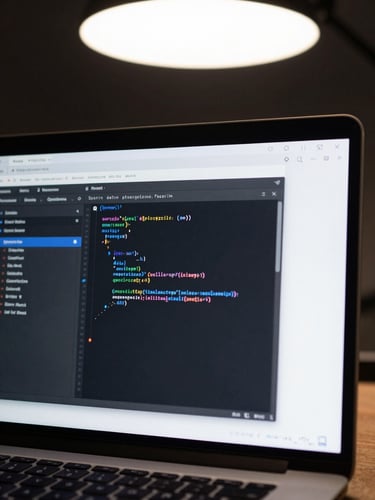 Close-up of a laptop screen displaying a clean app interface with dark UI, code editor visible on half the screen, sharp studio lighting from above, no people