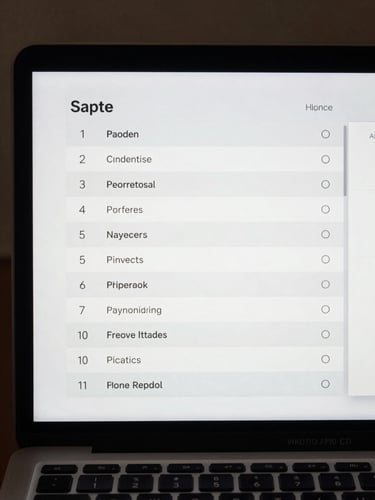App interface showing a settings or configuration screen — precise grid layout, clean typographic hierarchy, daylight-lit monitor displaying the screen straight-on, no distortion or staging