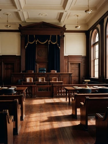 Wide environmental shot of an empty wood-paneled constitutional courtroom, soft warm window light casting long shadows on mahogany desks, professional editorial legal photography, 35mm