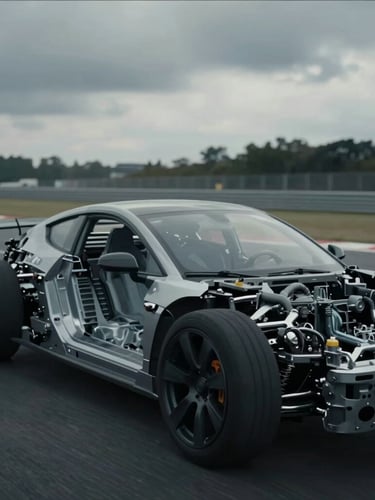 Cinematic close-up of a high-end electric vehicle chassis on a testing track, dramatic overcast daylight, desaturated cool tones, high contrast