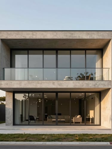 Straight-on architectural elevation of a minimalist concrete and glass villa, soft golden-hour natural light, realistic proportions