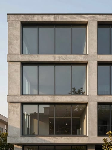 Straight-on architectural elevation of a minimalist concrete and glass facade, soft natural golden-hour daylight, elegant neutral tones, realistic proportions.