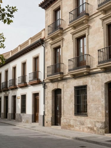 Authentic Madrid streetscape in the Chamberi district, historic stone buildings, quiet tree-lined street, soft natural daylight