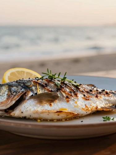 Close-up of a freshly grilled sea bass on a rustic plate, garnished with lemon and herbs, set on a wooden table by the sea, soft sunset light, shallow depth of field, 35mm