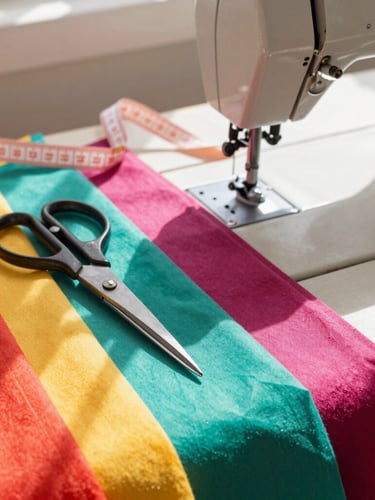 Close-up of colorful fabrics, scissors, and a vintage sewing machine in a warm, sunlit workshop in Celaya, with a soft measuring tape draped over the table