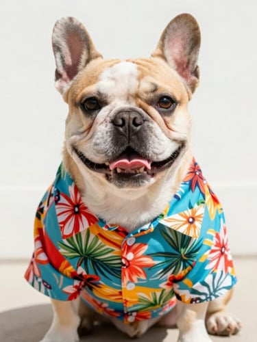 bulldog francés sonriente que lleva una camisa hawaiana colorida con estampado de flores tropicales