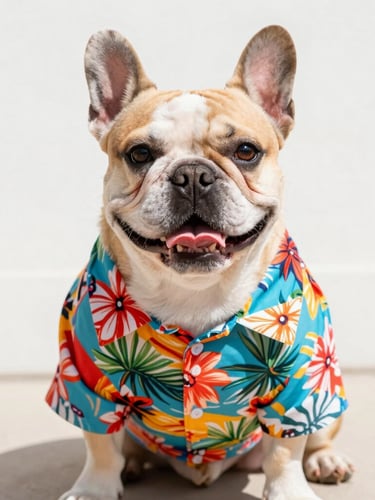 A happy French Bulldog wearing a colorful, vibrant tropical print Hawaiian shirt, sitting comfortably in bright natural daylight, eye-level shot, cheerful tones