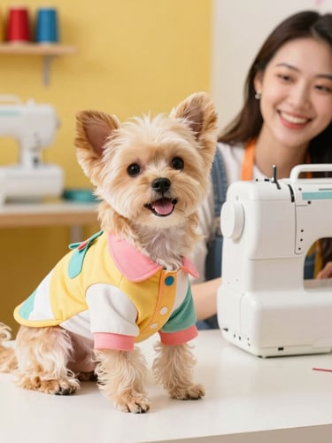 A happy small dog wearing a colorful custom-tailored shirt sitting next to a smiling artisan sewing in a bright, cheerful workshop