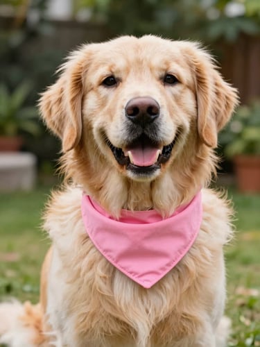 A happy fluffy golden retriever wearing a bright pink custom-made bandana, looking directly at the camera with a joyful expression, warm natural daylight, outdoor garden background