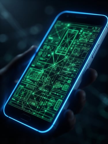 Macro shot of a sleek physical Android device displaying a vibrant neon green UI wireframe, dramatic electric blue edge-lighting, shallow depth of field