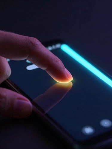 Extreme close-up of a hand interacting with a high-fidelity mobile UI on an Android screen, glowing neon light trails reflecting on glass, dark studio background