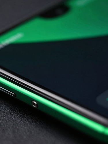 Extreme close-up macro shot of a dark-mode Android interface on a premium device, vibrant neon green edge-lighting reflecting on the curved glass screen, shallow depth of field, high-tech aesthetic.