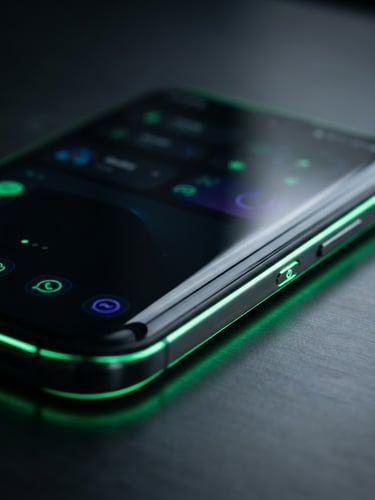 Sleek dark-mode Android device close-up, glowing neon green edge-lighting, shallow depth of field, sharp glass reflections