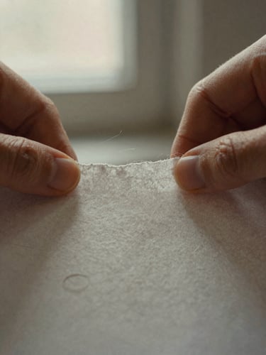 Macro close-up of hands tearing thick textured paper under soft morning light, showing raw fibers and shadow, muted earth tones, 35mm film