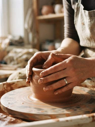 A close-up of hands gently shaping soft, warm terracotta clay under diffused morning window light, casting long soft shadows.