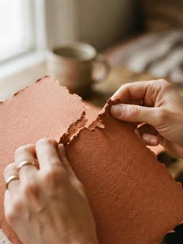 Macro shot of hands gently tearing textured terracotta-colored paper under soft morning window light, 35mm film style