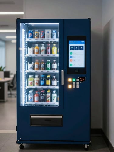 Tight frontal shot of a modern vending machine interface panel, illuminated selection buttons and touchscreen in a clean office hallway, studio strobe lighting picking out product rows behind glass, deep blue ambient glow