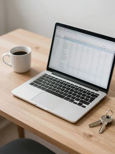 A clean wooden desk with a laptop displaying a spreadsheet, a coffee mug, and a set of keys, professional and organized workspace, soft daylight, 35mm