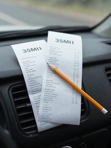 Physical paper receipts and a pencil resting on a dark truck dashboard, soft natural daylight through the windshield, realistic textures, 35mm