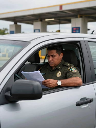 Close medium shot from outside a vehicle stopped at a Mexican customs checkpoint — a uniformed officer reviewing documents through the driver's window, concrete inspection booths visible in background, overcast midday light, authentic documentary framing