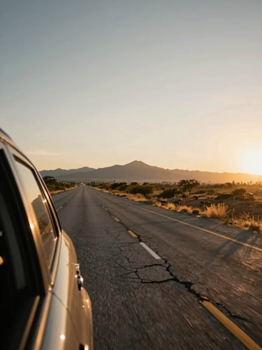 Wide panoramic view from a vehicle's passenger window on a Mexican federal highway at golden hour — empty road stretching toward distant mountains, warm amber light raking across cracked asphalt, green road signs barely visible in the far distance, low horizon, generous sky