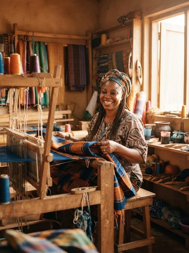Warm environmental portrait of a West African local entrepreneur smiling in her clean, sunlit textile workshop, golden hour light, 35mm