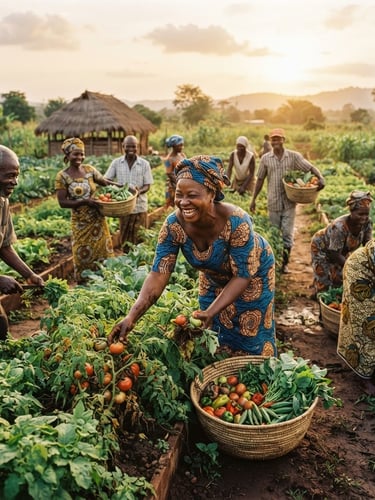 Warm editorial photography of a vibrant local West African agricultural cooperative farm at golden hour, cooperative members harvesting organic vegetables, warm daylight, 35mm