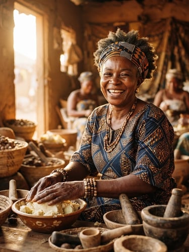 Warm editorial portrait of a West African local cooperative member in a sunlit workshop, smiling, natural golden-hour daylight, 35mm