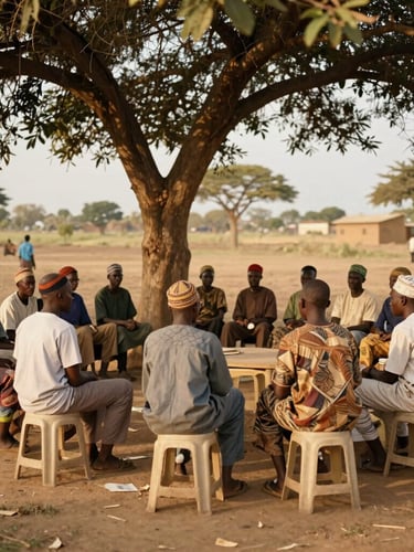 Warm editorial photography of a cooperative community meeting in West Africa, local leaders sitting under a shaded tree in natural golden-hour daylight, earthy organic tones, 35mm