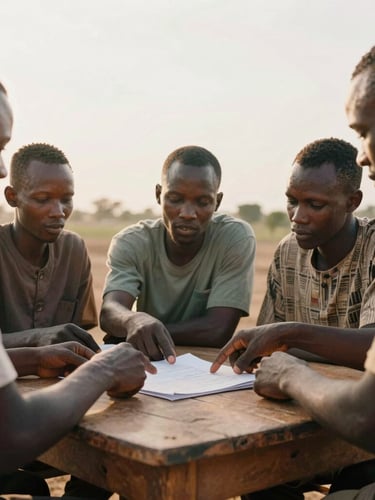 Warm editorial medium shot of cooperative members discussing around a wooden table in West Africa, hands pointing at a document, soft golden-hour sun, 35mm