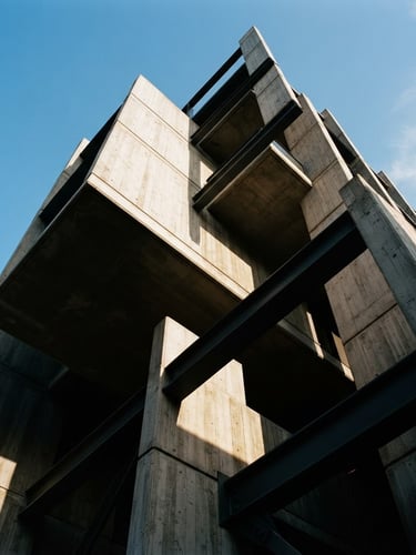 Primer plano heroico de una estructura de hormigón visto y acero, con líneas limpias y sombras duras, bajo luz natural de alto contraste. Edificio moderno, perspectiva de ángulo bajo.