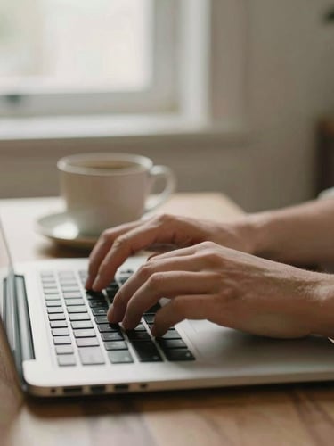 Close-up of hands typing on a laptop next to a ceramic coffee mug in a sunlit workspace, soft natural window light, warm desaturated tones