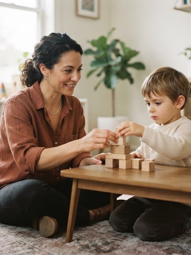 A warm editorial photograph of a child interacting calmly with a therapist, playing with wooden blocks under soft natural window light, shallow depth of field, 35mm